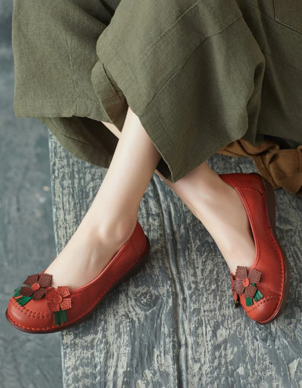 Spring Handmade Soft Leather Flower Retro Flats