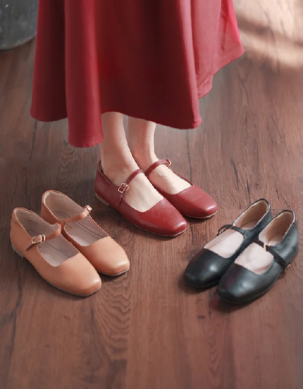 Comfortable Soft Leather Square Toe Strap Flats 34-41