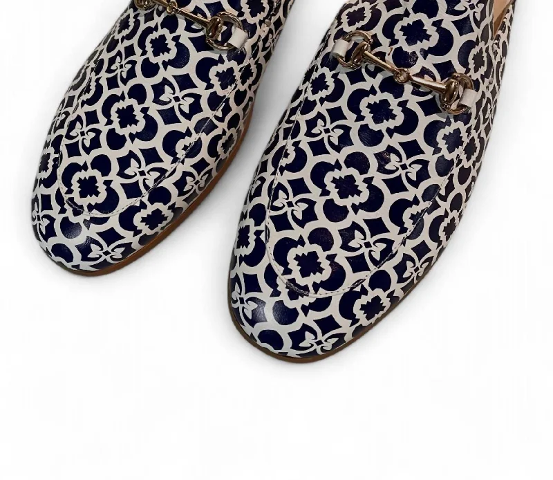 Women's Printed Mules In Blue And White