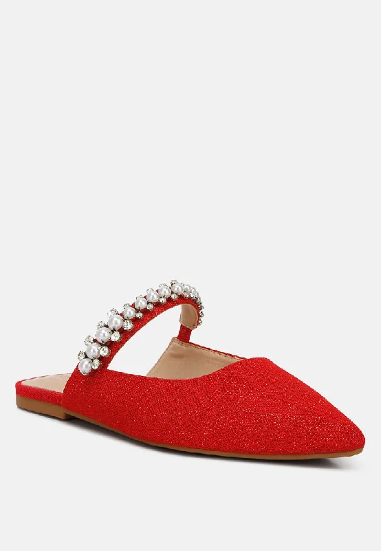 GEODE Pearl Embellished Slip On Mules In Red