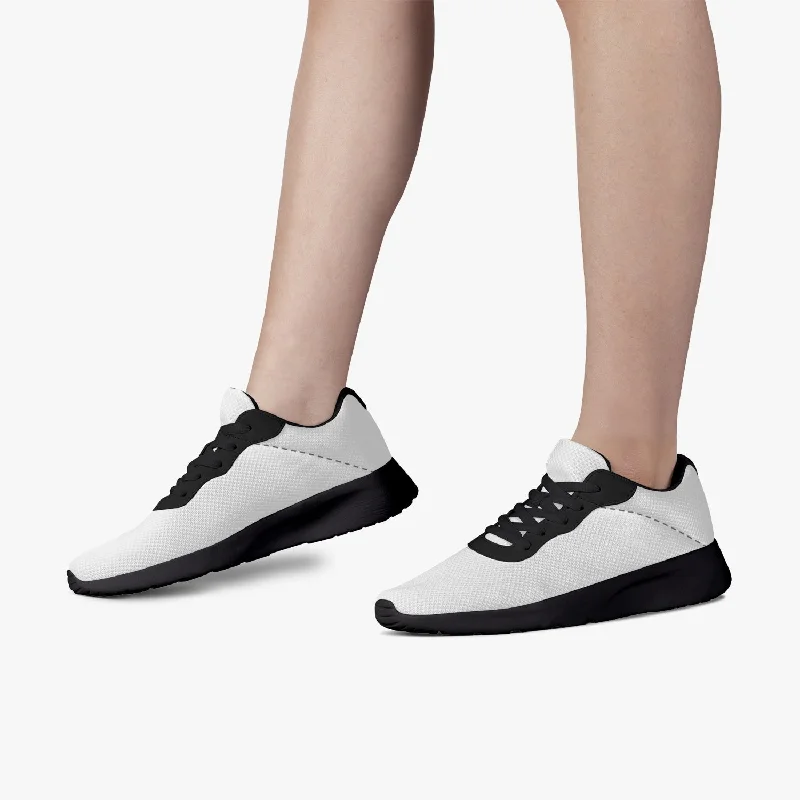 White Unisex Low Tops, Soft Solid White Color Best Lifestyle Unisex Casual Designer Mesh Running Shoes With Black Soles