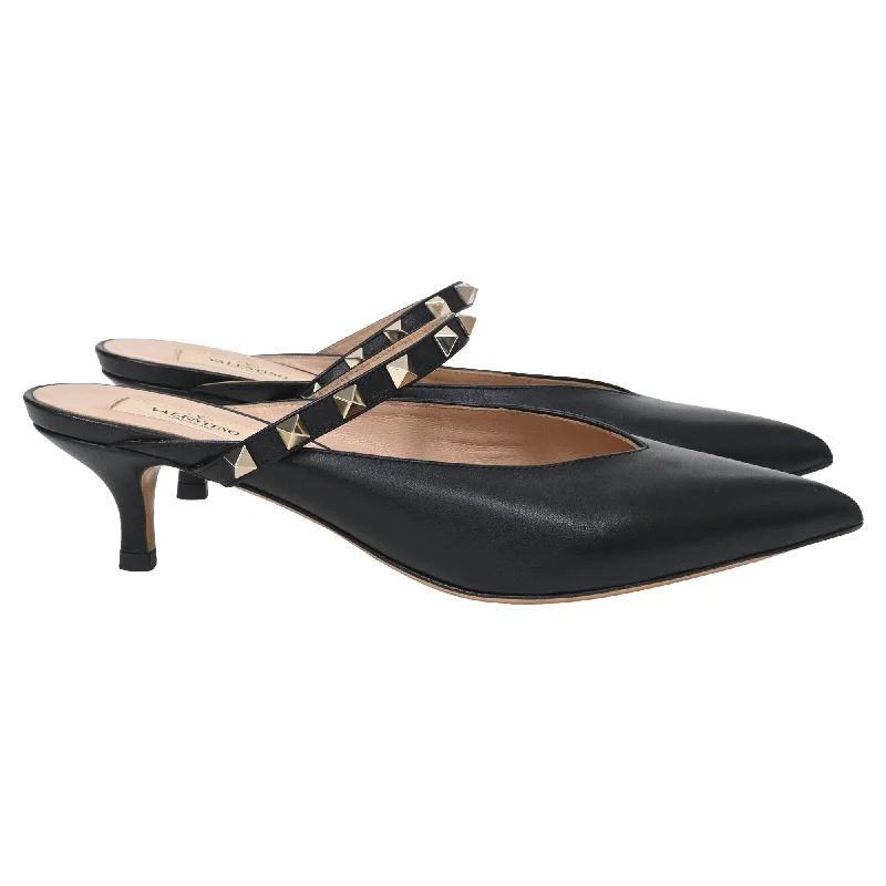 Valentino Rockstud Strap Kitten Heel Mules in Black Leather