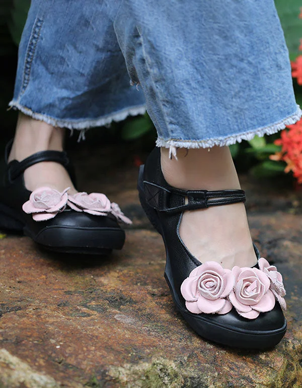 Handmade Flower Retro Leather Flats Black