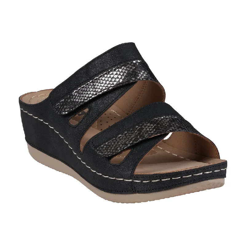 Havana Velcro Two-Tone Double Band Black Wedge Sandals