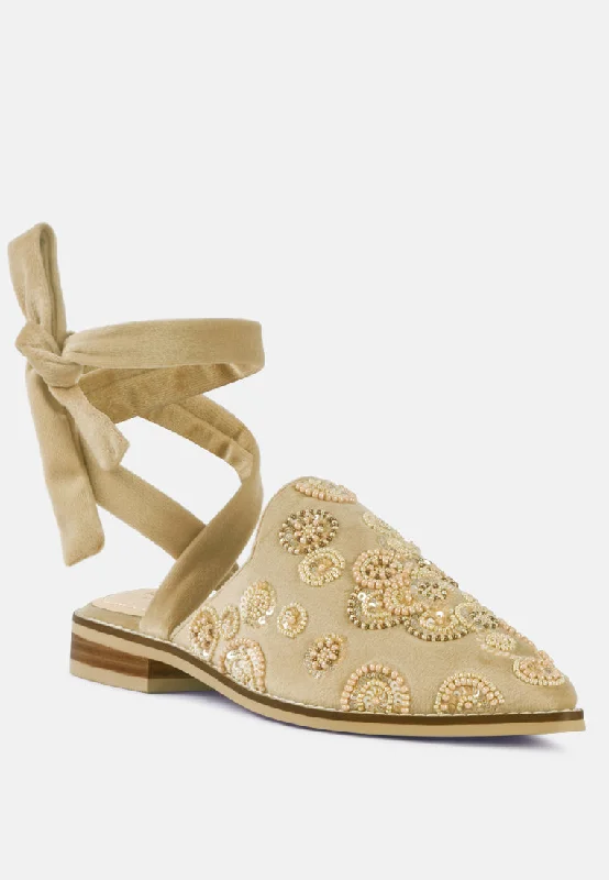 Mande Embroidered Velvet Mules in Beige