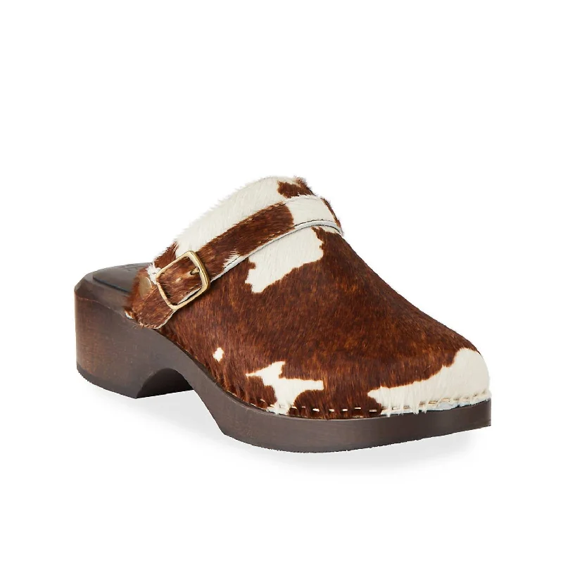 70's Mule Calf-Hair Clog In Brown Pony