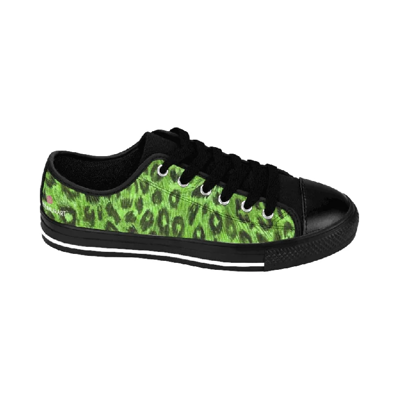 Green Leopard Men's Low Tops, Best Animal Print Premium Low Top Canvas Running Shoes