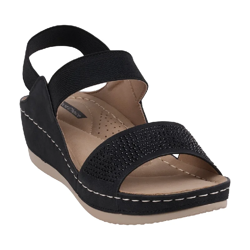 Tammy Black Embellished Elastic Double Band Wedge Sandals